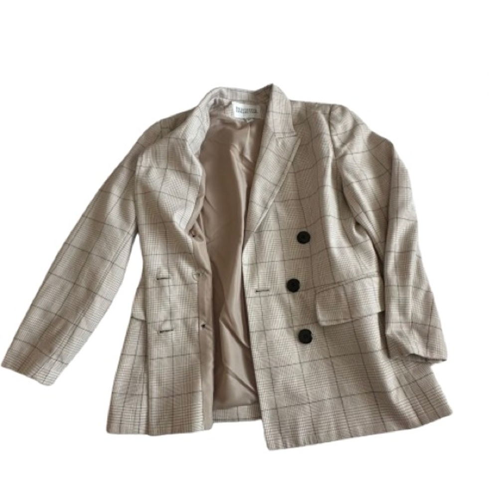 Vintage Executive Collection Women's 8P Cream Tan Plaid Double-Breasted Blazer - Picture 4 of 14